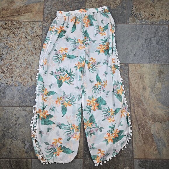 Club Z Collection Size XL White Sheer Coverup Pants Floral Pattern Elastic Waist - Picture 9 of 11